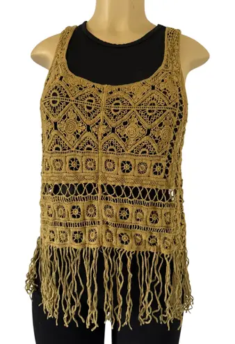 Tank Top Boho Crochet Fringe Size S Cotton Festival Beach Coverup Vest Y2K Gold