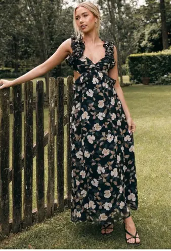 Petal and Pup Lucah Dress Size Large Frill Floral Maxi Wedding Formal Cocktail Blk