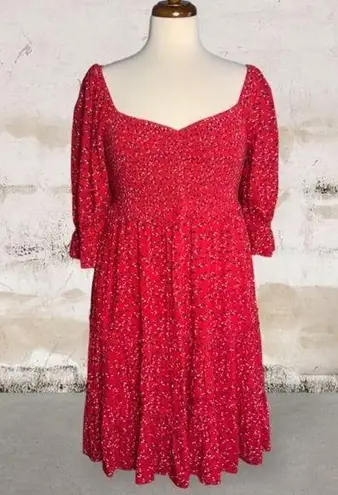 White Birch Red Floral Shirred Sweetheart Square Neck Puff Sleeves Short Dress S