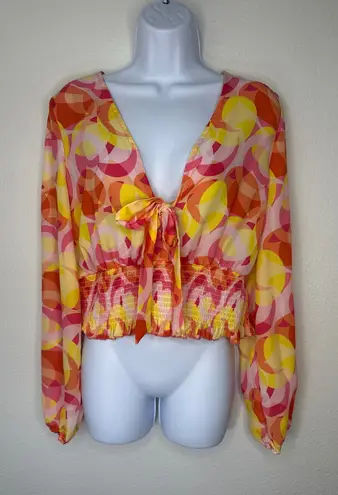 Ny&co NY&C Tie Front Blouse Top Large Pink Yellow Orange Geometric Print Long Sleeve