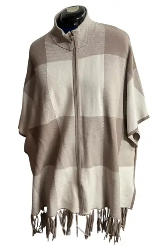 Christian Siriano Women's L/XL Taupe Cream Zip Front Fringe Poncho Cape Brown