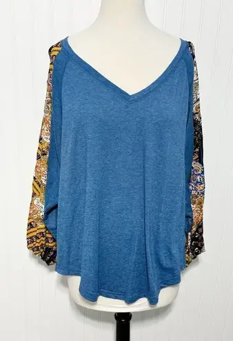 Beyove Women's V Neck Bohemian Loose Pullover Long Sleeve Top Navy Blue Size XL Blue