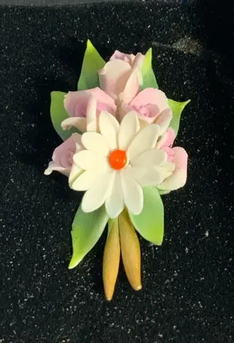 Vintage Porcelain Floral Bouquet Brooch Pin W/ Box Pink