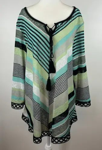 Multiples Womens Multicolor Striped Crochet Trim Tunic Sz 1X | Coastal Beachy