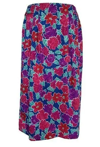 Vintage Floral Midi Skirt Size L Bright 80s Elastic Waist Pleated Front Size L