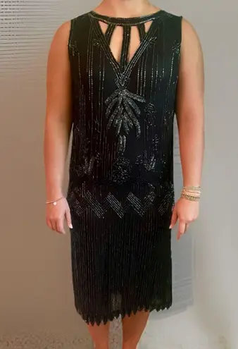 Vintage 1920s Style Art Deco Flapper Dress Black Iridescent Beaded Gatsby Dress Gold Size M