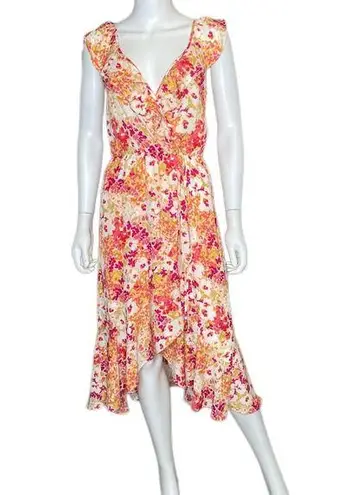 Socialite  Ruffle Print Wrap Midi Dress Orange Fuchsia Floral Women’s Sz S