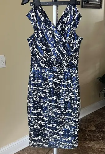 Rickie Freeman for Teri Jon Blue and White Patterned Midi Dress Size 10