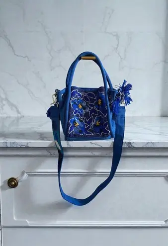 AMERICA & BEYOND Blue Beaded Floral Satchel Crossbody Bag