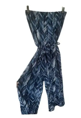 JWLovesMe Strapless Graphic Chevron Tie Belt Capri Wide Leg Palazzo Jumpsuit M Blue Size M