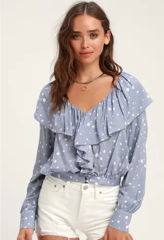 NWT Lulus West End Blue Polka Dot Ruffled Long Sleeve Top Blouse Shirt Size S