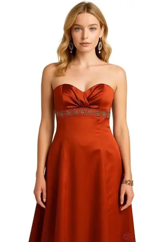 Bronze Satin Strapless Gown Beaded Empire Waist Pleated Bust Bridgerton 14 New Orange