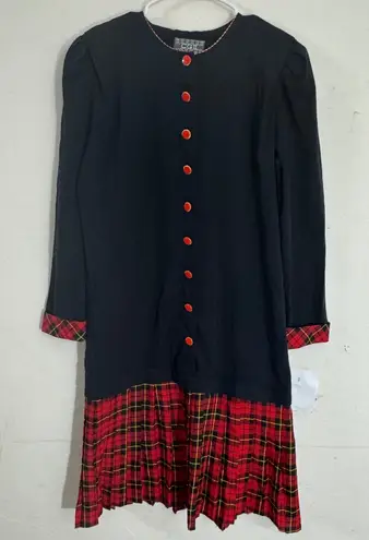 VTG CGII Black Red Plaid Pleated Skirt Dress Button Front Women Sz 12 Christmas