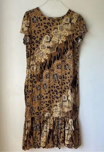 Vintage 90s Floral Animal Print Ruffle Midi Dress M Multiple Size M