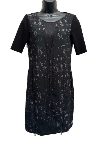 Elie Tahari Black/Gray Bodycon Dress Short Sleeve Zippers Size XS V Mesh Neck