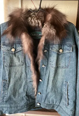 Overland Fox Fur Trim Denim Jean Jacket Women Size Large Blue