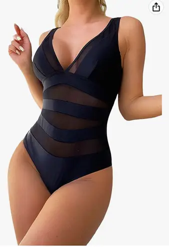 Soly Hux Women's Contrast One Piece Swimsuits V Neck Backless Bathing Suits Mesh Sheer Swimwear Monokini