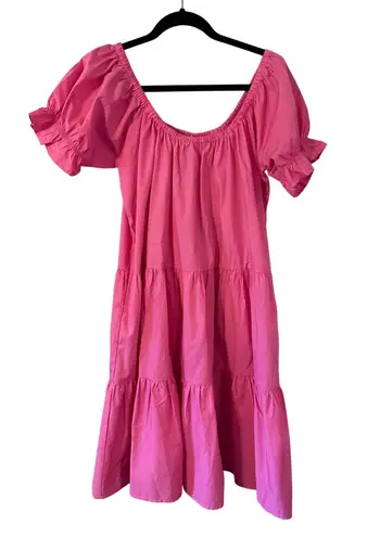 BURU Pink Cotton Puff Sleeve Tiered Square Neck Midi Dress Size S Preppy