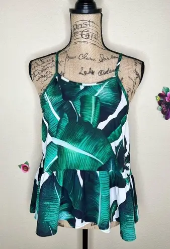 Tropical Palm Leaf Greens & White Print Tank Top Hi Lo Style w Ruffle Hem Sz L Size L