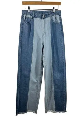 Women Jeans Size M Denim Patch Wide Leg Baggy Raw Hem Oversized Grunge Boho Pant Blue Size M