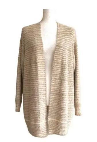 Debut  Cardigan Taupe Cream Stripe Open Front Eyelash Soft Cardigan Sweater Small