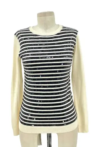 Gryphon New York Sequin Stripe Crewneck Sweater Ivory & Black Size XS