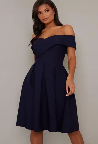 Chi Chi London Navy Bardot Wrap Skater Dress Size 8 Blue