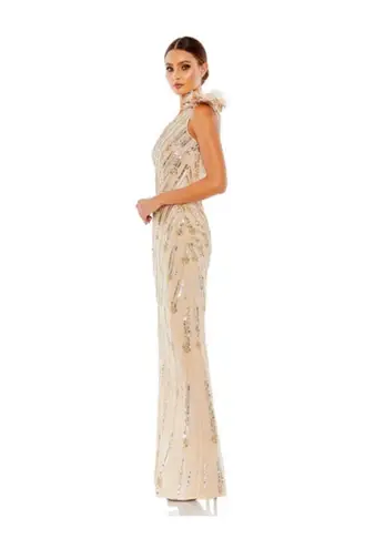 Mac Duggal 93739 Embellished Floral Feather One Shoulder Gown Size 4 Nude Gold
