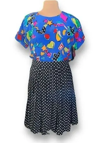 Vintage Rickie Freeman Dress Blue Black Pop Art Star Print Pleated Silk Midi Size 12