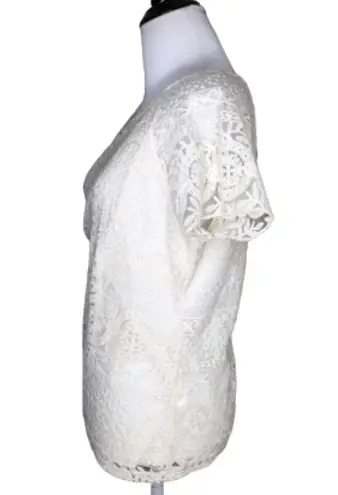 Solitaire Ivory Lace Overlay Sheer Short Sleeves Keyhole Dressy Casual Top M