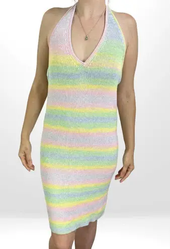 WHISKEY KISS Boutique Pastel Rainbow Knit Halter Bodycon Dress Size L