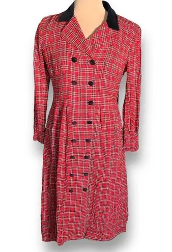 Vintage JBS Shirtdress Red Black Double Breasted Plaid Velvet Collar Midi Red Size 10