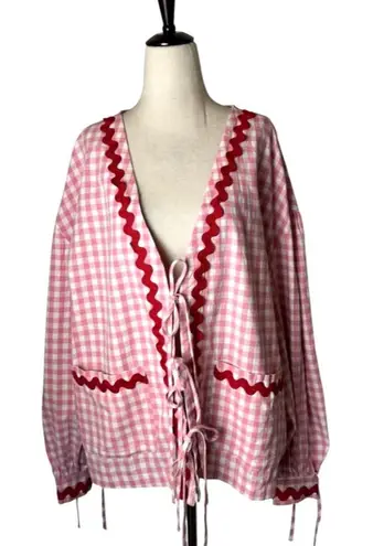 Haptics Jacket Women Large Pink Red Gingham Strawberry Shortcake Cardigan NWT