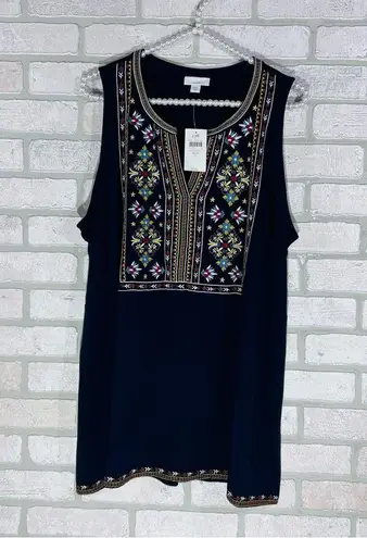 J. Jill NWT Navy Embroidered Tunic Sleeveless Top Size LP Blue