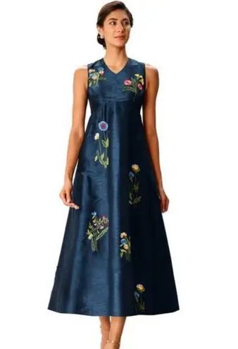 Eshakti Wayward Fancies Floral Embroidery Dupioni Empire Midi Dress Navy Size SM