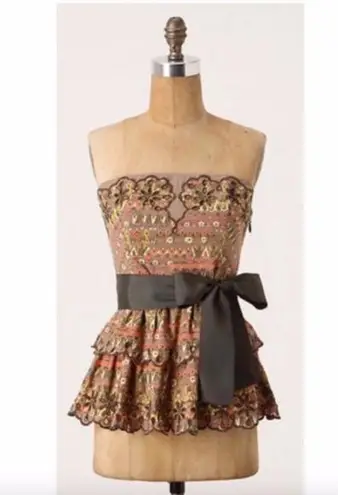 Anthropologie Floreat Tiered Eyelet Peplum Corset Top Women's Size 0 Brown
