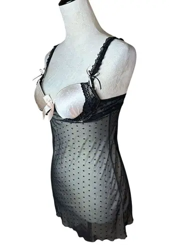 Flora’s Follies Babydoll Lace Bow Cami Black & Pink Sheer Padded Lettuce Hem