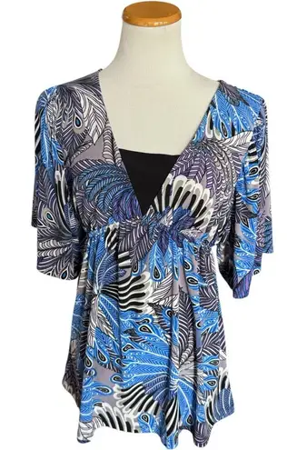 Womens New Directions V Neck Peacock Print Blouse Top