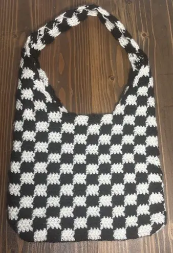 Handmade Crochet Black And White Checkered Boho Shoulder Bag. Hippie Satchel.