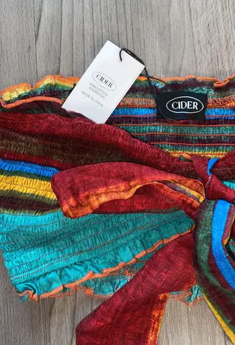 Cider Medium Boho Teal Red Green Multi Smocked Bandeau Top and Wide Pants Set