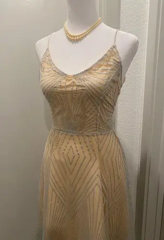 Beige Cream & Silver Glittery Art Deco Patterned Overlay Sleeveless Dress