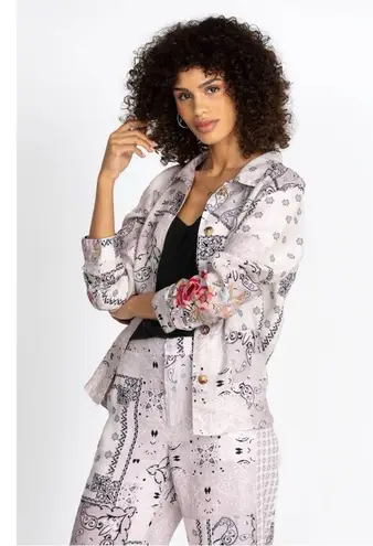 Johnny Was Linen Ashton Bandana Worker Jacket Small Embroidered Blazer Summer