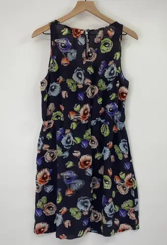 Rebecca Taylor  Fit & Flare Dress Silk Sheer Navy Floral Print Sleeveless Women 8