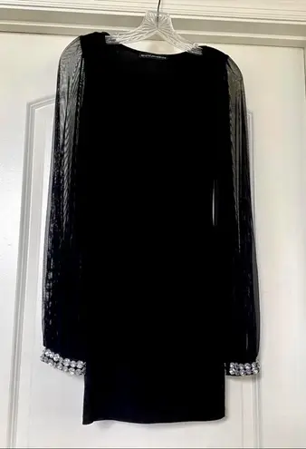 Symphony Dress- - Black Bodycon Dress with Mesh Sleeves and Crystal Wrist Detail