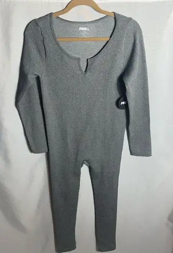 Pink Dot Gray Ribbed Knit Long Sleeve Jumpsuit Size XL One Piece Lounge Wear