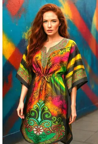 True Rock Free Size Multicolor Kaftan Boho Luxe Festival Wear Resortwear Chic Orange