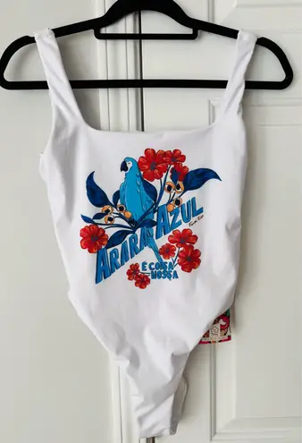 Farm Rio Blue Macaw High-Leg One Piece Swimsuit, Size M