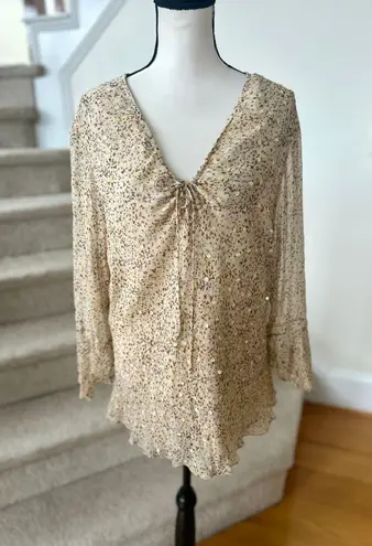 Vintage Y2K Babydoll Silk Beige Dot Sequin Long Sleeve V