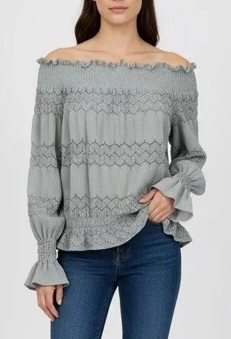 Womens Off Shoulder Smocked Lace Trimmed Blouse Long Sleeve Light Blue Size L Gray
