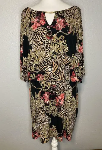Thalia Sodi Designer Dress XXL Blouson Braided Gold Belt Black Open 3/4 Sleeve
